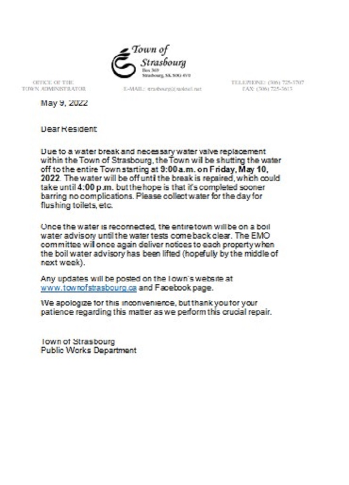 Canada Saskatchewan Town of Strasbourg water utility shut off notice